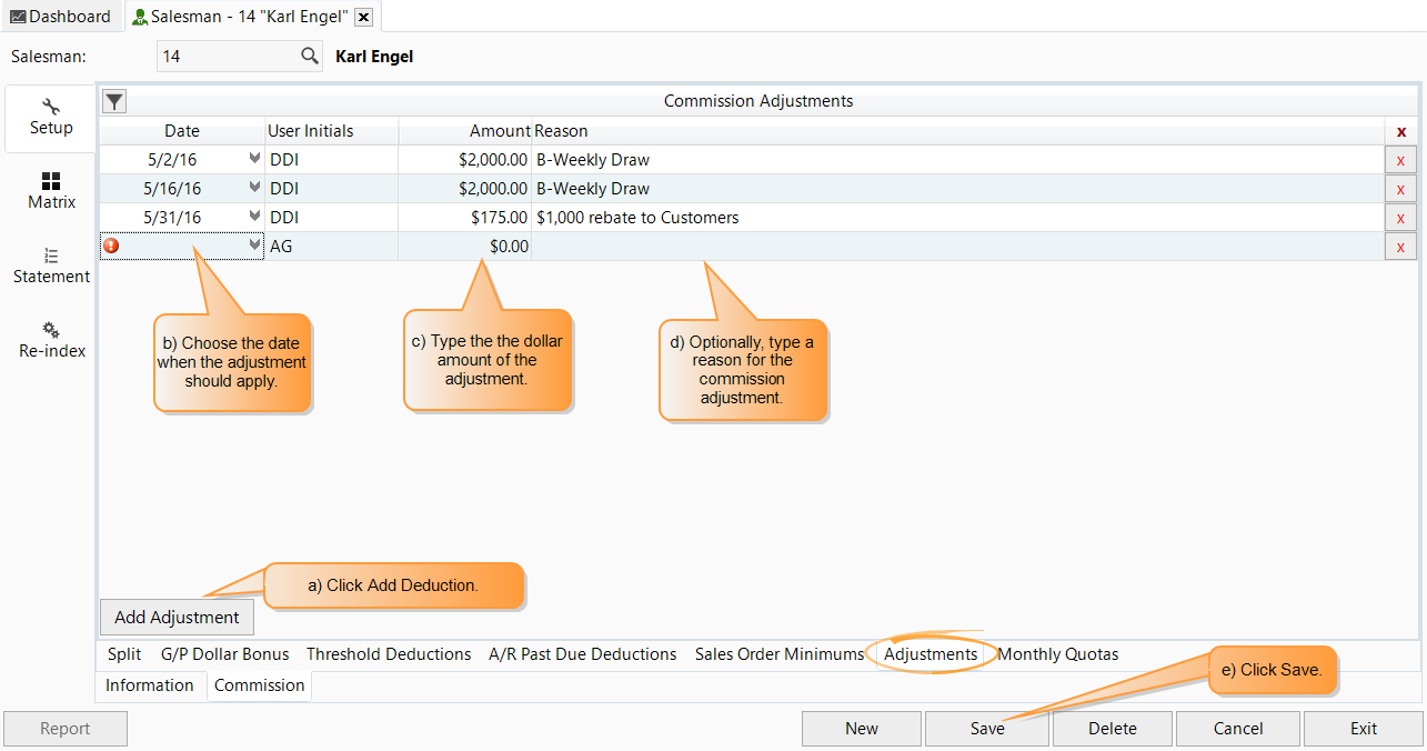 Adjust a salesperson's commission