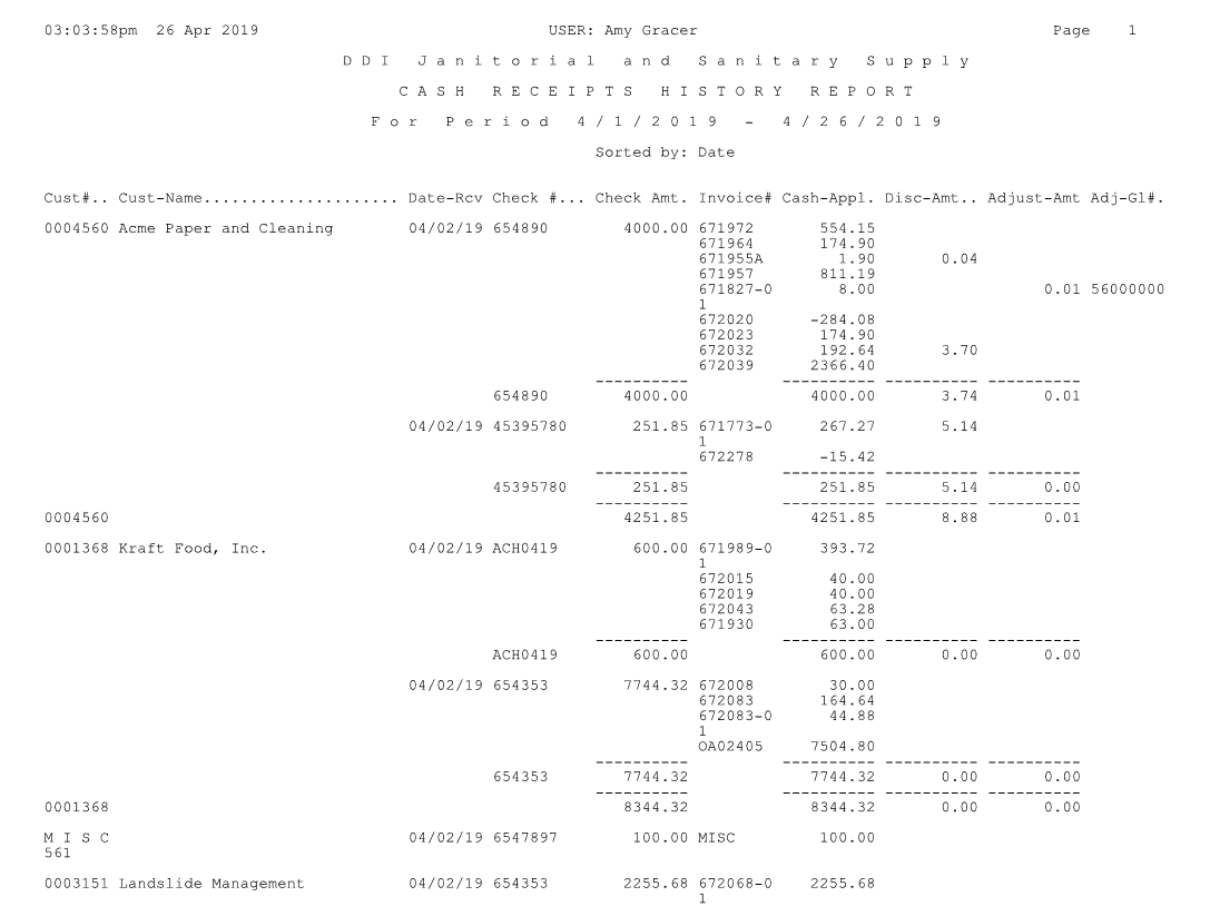 A/R Cash Receipts History report