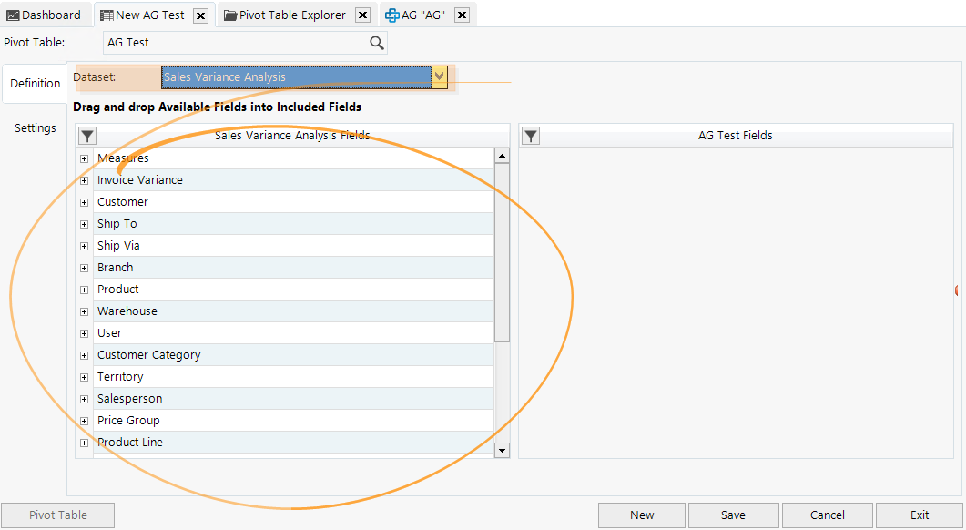 Variance Button. View Sales Variance Analysis pivot view data