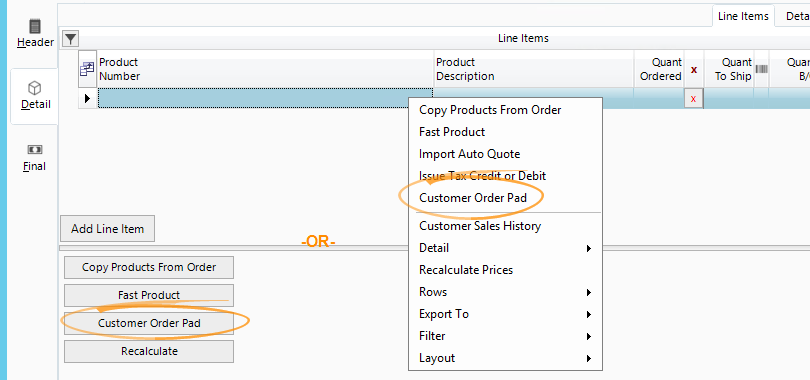Create a new order from the Order Pad